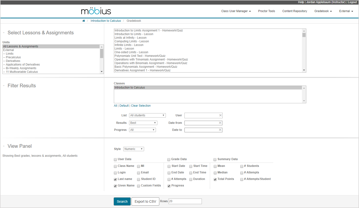 The panes of the Gradebook where you would perform a gradebook search.